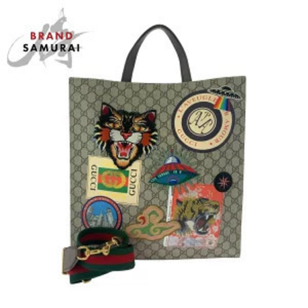 Gucci Embroide red Courier Applique Tote Bag Beige Multicolor GG Supreme